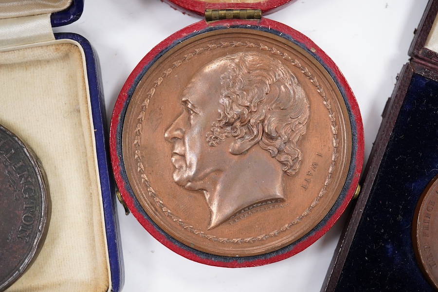 British commemorative medals, James Watt bronze medal, c.1826, 62.3mm, by T. and A.J. Stothard, cased, Wellington created Earl bronze medal, Parliamentary tribute 1812, by T Webb, two Exhibition of the Works of Industry